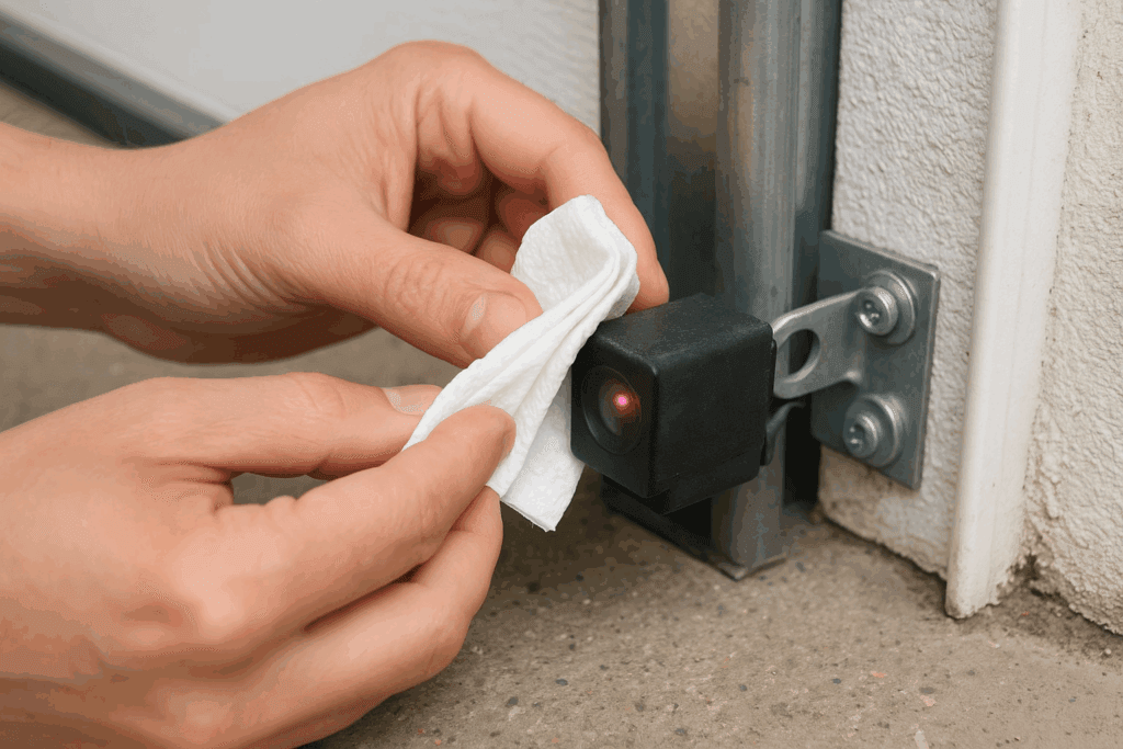 Hand cleaning garage door photo-eye sensor to ensure safety and smooth garage door repairs.