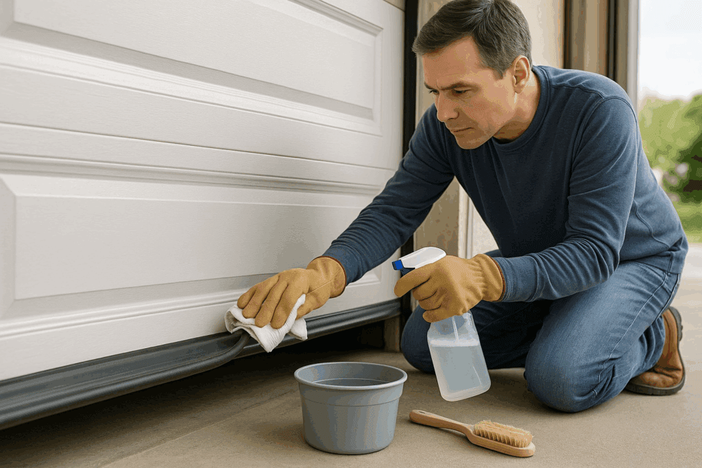 Homeowner cleaning garage door weather stripping during routine maintenance.