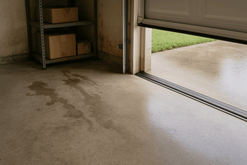 Garage door weather stripping with threshold seal preventing water leaks inside the garage.