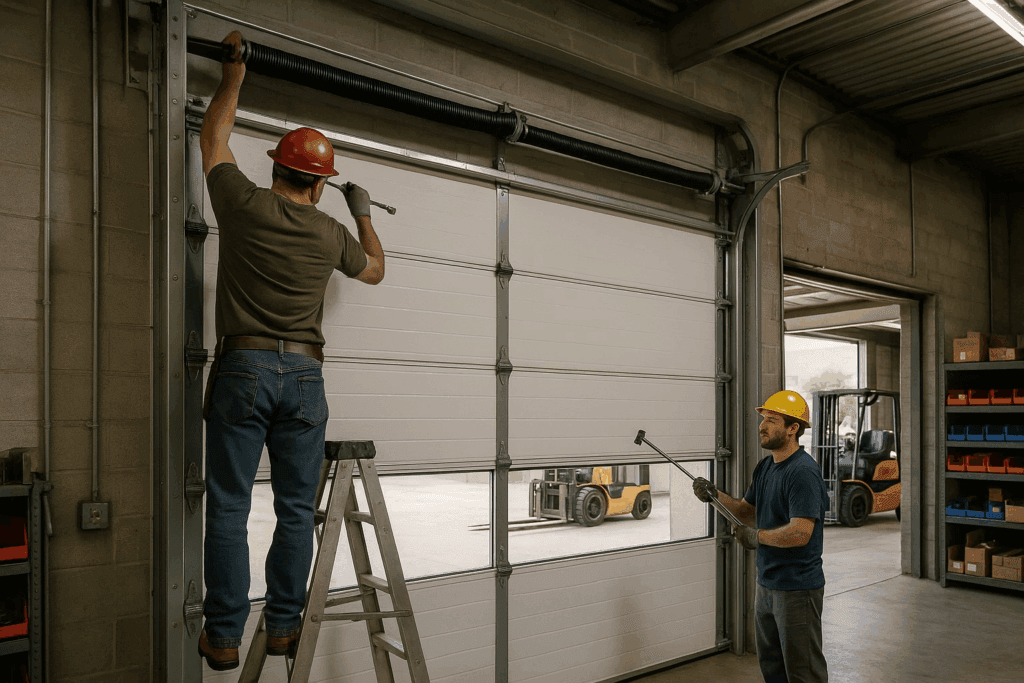 Technicians adjusting torsion springs with tools during commercial garage door repair.