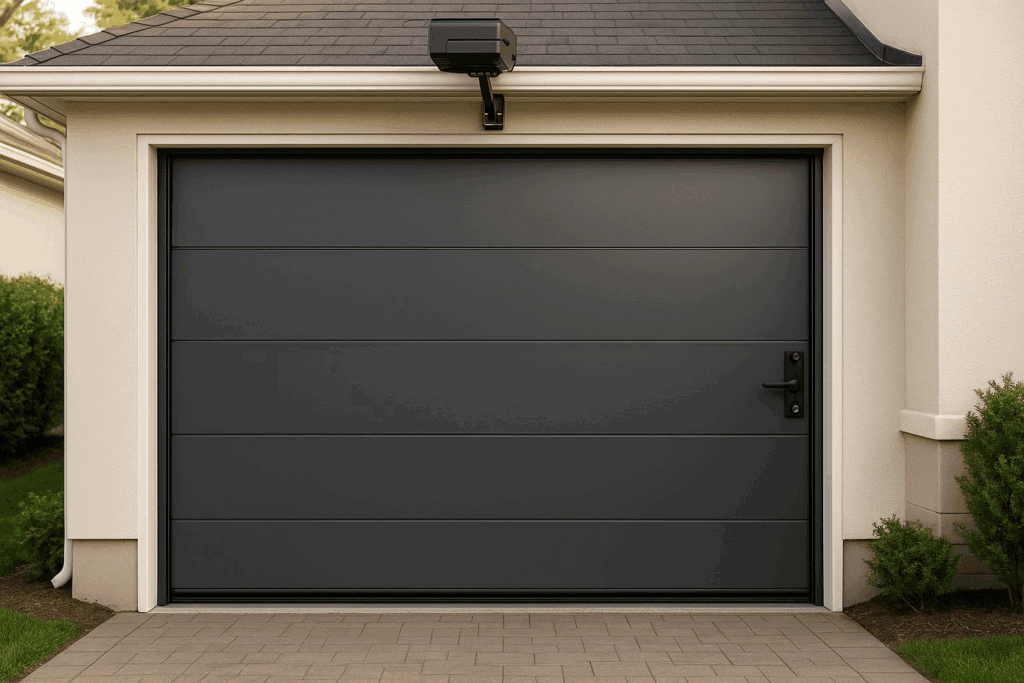 gray steel modern garage doors on residential home exterior.