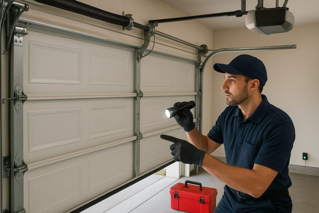 Technician performing garage door maintenance by inspecting springs, tracks, and opener system for proper function.