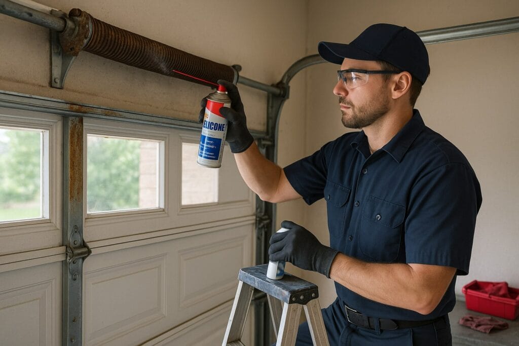 A technician lubricates the torsion spring on automatic garage doors during routine maintenance.