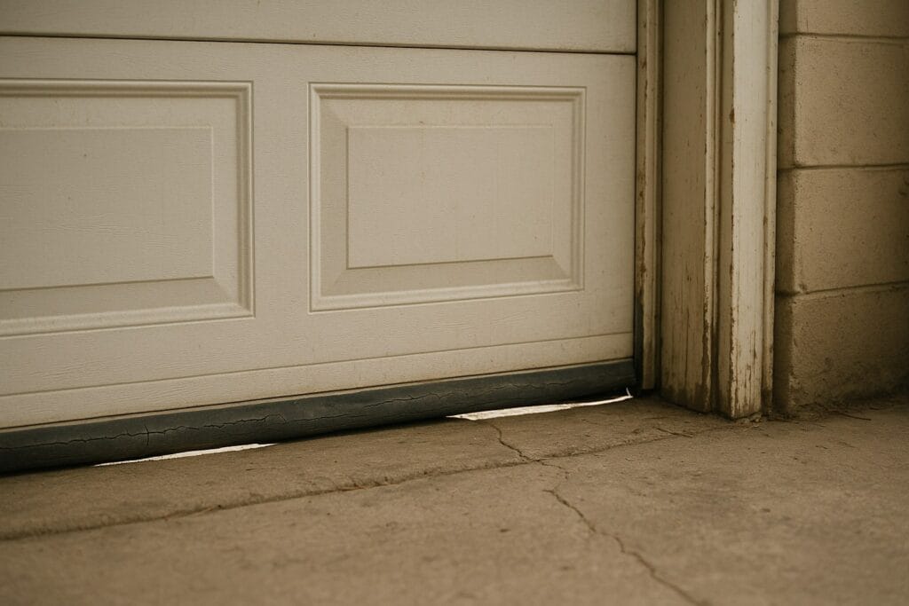 Garage door repair close up of a worn bottom seal with visible gaps under the door.